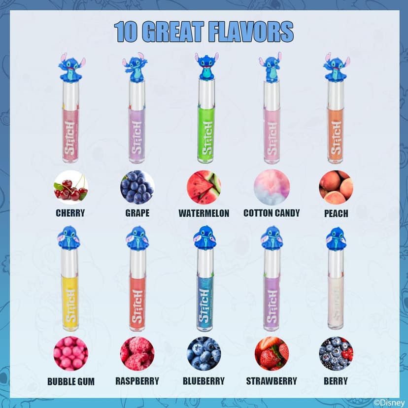 Disney Stitch 10 Piece Plant Based Lip Gloss, Girls Party Favors, First Makeup Set for Girl, Perfect for Parties, Sleepovers, and Birthday Gifts, Ages 3+, by Townley Girl