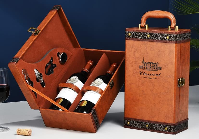 Wine Gift Box with 4 Wine Accessories Set,Portable Two Bottle Wine Carrier Case for Christmas,Wedding, Anniversary, Party,Vintage Leather Wine Storage Box for Home Bar Decor and Wine Collection