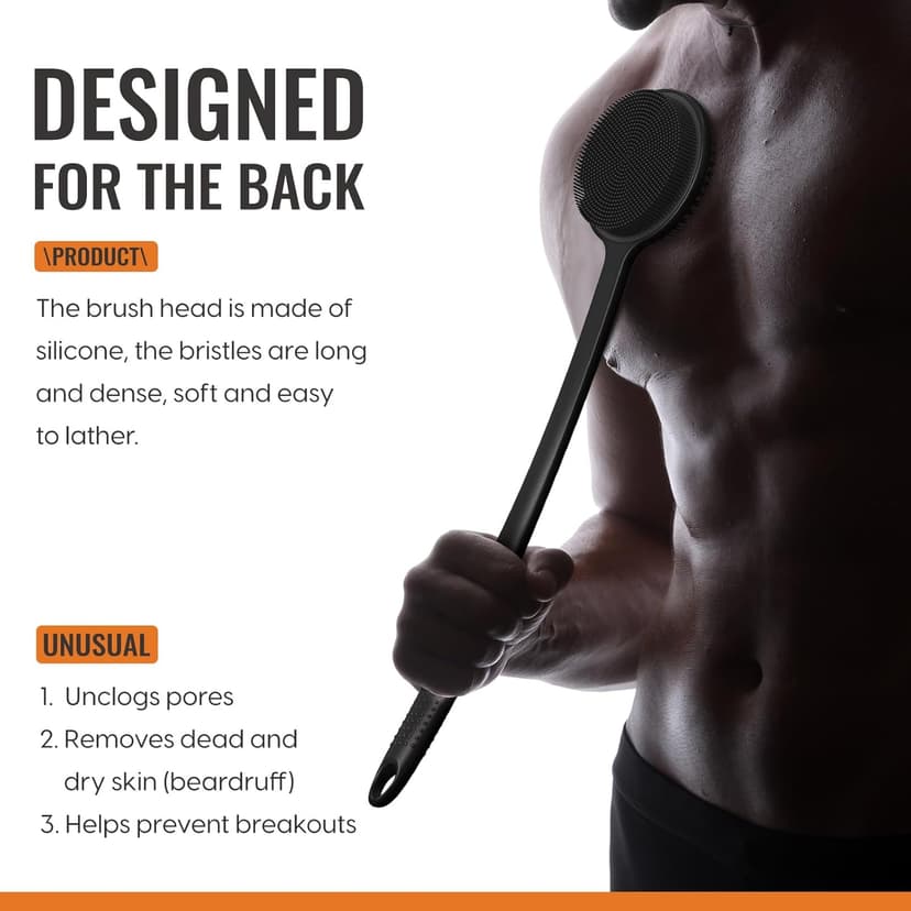 VWMYQ VWMYQ Silicone Back Scrubber for Shower, 17in Lengthen Long Handle Body Brush, Double Sided Shower Brush for Shower Exfoliating and Massage Can Produce Rich Foam, Long Handle Back Scrubber for Men