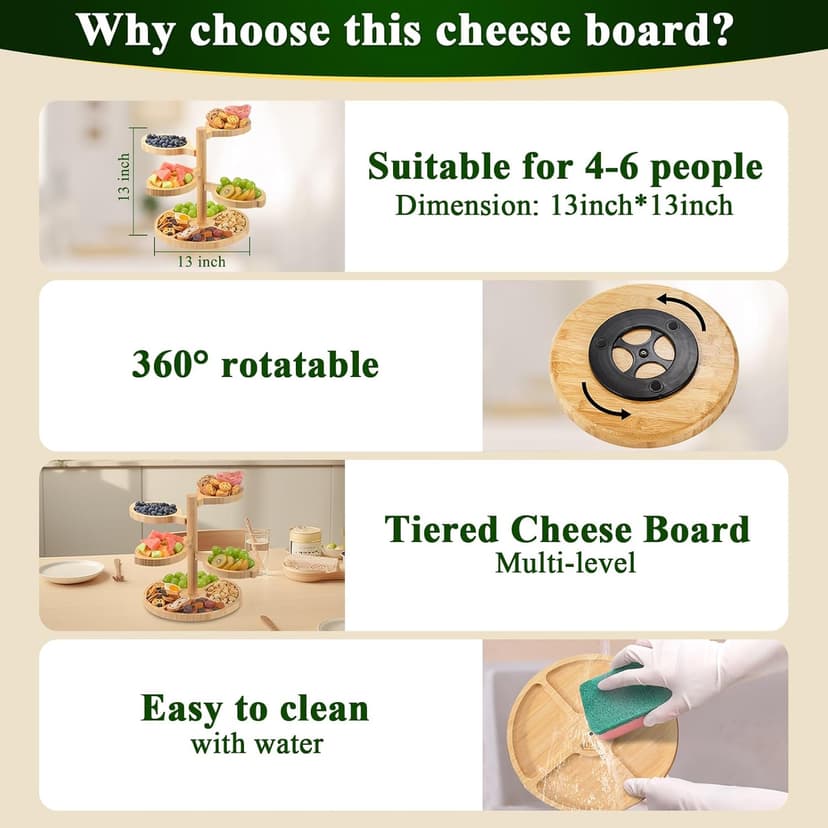 Tiered Charcuterie Board Gift for Women: Bamboo 360° Rotating Round Base with 4 Swivel Trays - White Elephant Gift, Holiday Hosting, Christmas, Birthday, Parties, House Warming Gift for Couples