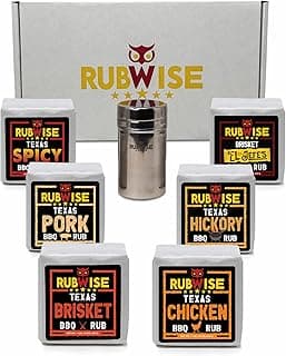 RubWise Texas Style BBQ Rub Gift Set (6 x 1 lb bags) | Meat Spice and Seasoning Variety Pack | Smoking & Grilling Gifts for Men | Brisket Rubs, Chicken, Pork, Hickory, Spicy, El Jefe | Shaker Included