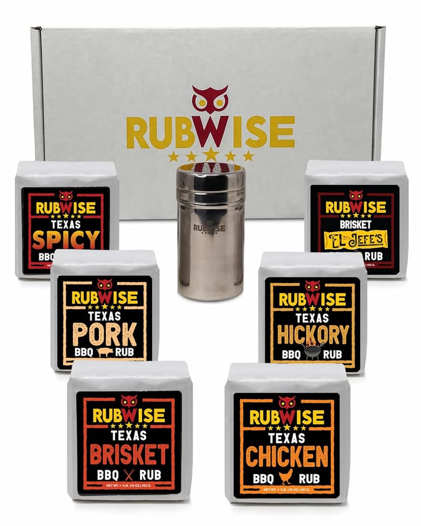 RubWise Texas Style BBQ Rub Gift Set (6 x 1 lb bags) | Meat Spice and Seasoning Variety Pack | Smoking & Grilling Gifts for Men | Brisket Rubs, Chicken, Pork, Hickory, Spicy, El Jefe | Shaker Included