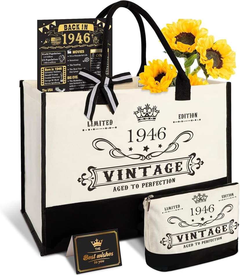 YeohJoy 80th Birthday Gifts for Women Canvas Tote Bag Travel Gear, Unique 80 Years Old Birthday Gifts for Mom Wife Aunt Friends Her, Vintage 1945 Handbag & Cosmetic Bag & Back in 1945 Poster
