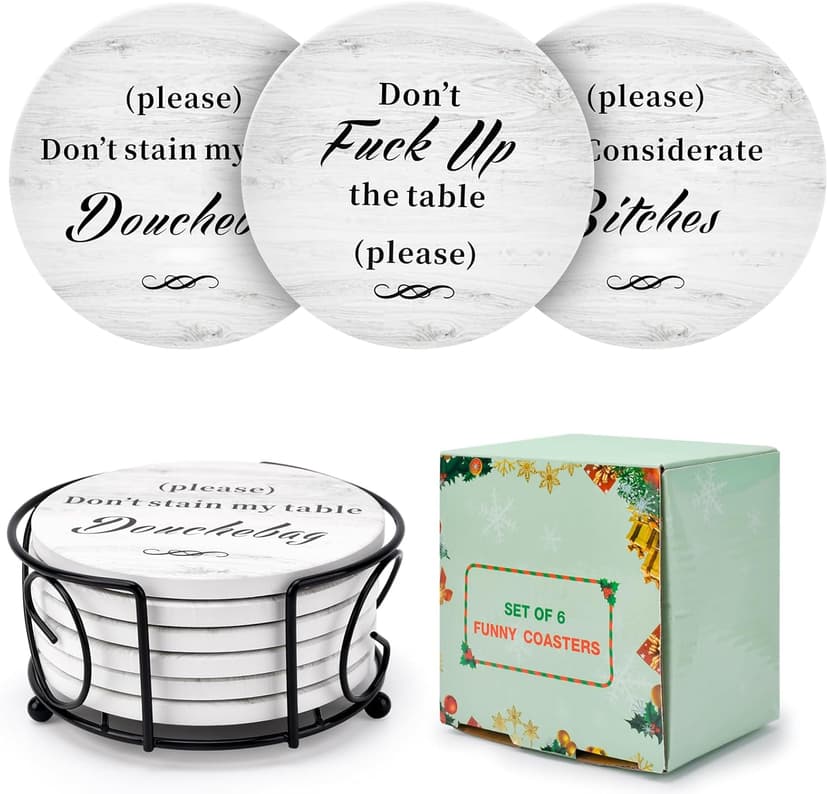 White Elephant Gifts for Adults, Funny Coasters Set of 6 with Holder Christmas Stocking Stuffers for Men Women, Gag Gifts Couples Birthday Housewarming Secret Santa Cool Friend Presents for Her Him