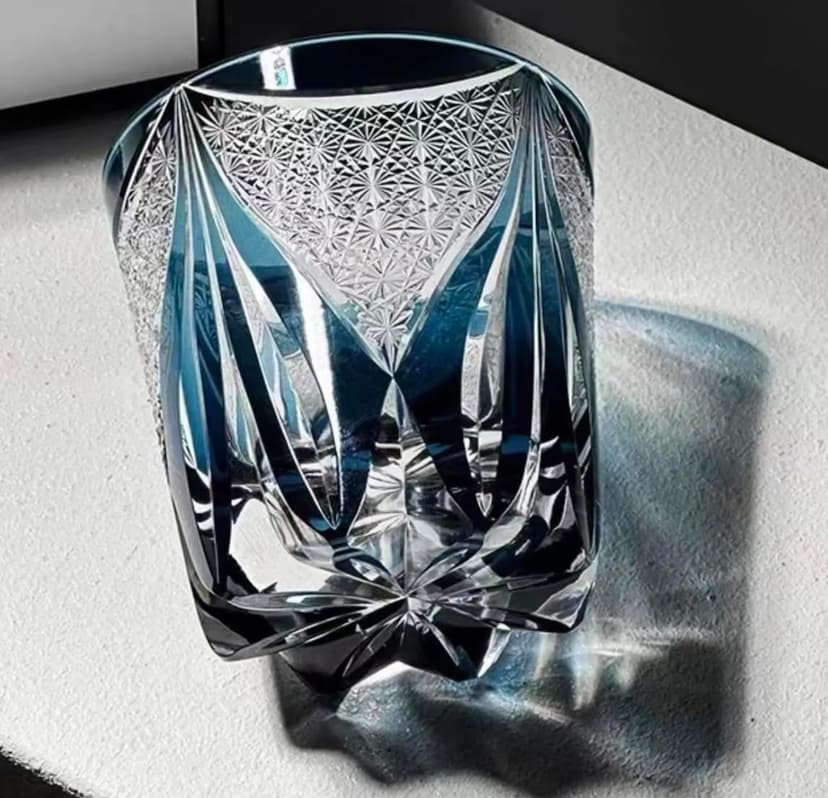 Edo Kiriko Whiskey Glass – Elegant Japanese Style Deep Blue Glass with Chrysanthemum & Flame Motif, Hand-Cut Spirits Tumbler for Whiskey & Cocktails