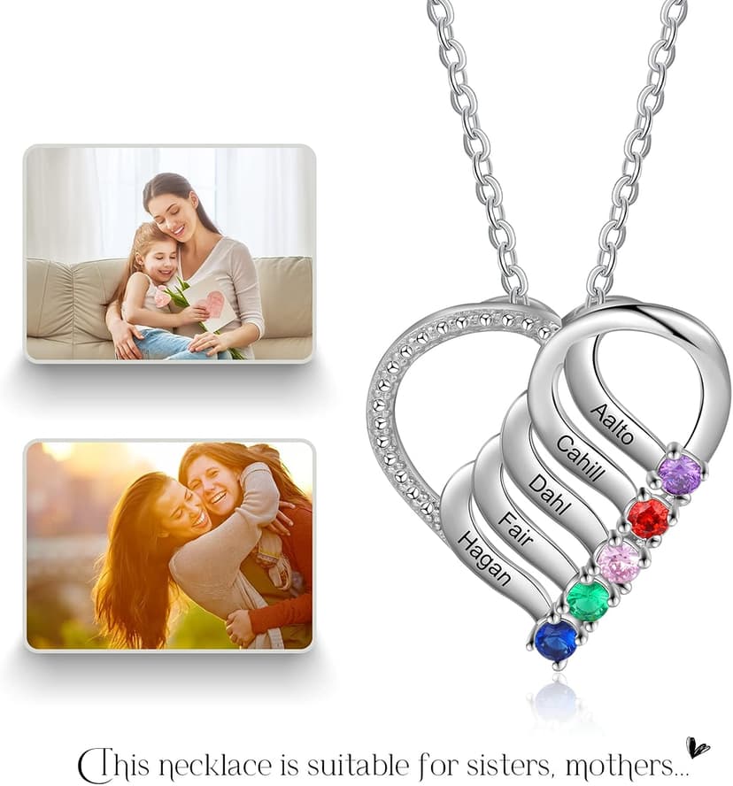 Jeweidea Personalized Heart Necklace with 2-6 Simulated Birthstones Custom Name Mother Daughter Chain Pendant for Women Mom Birthday