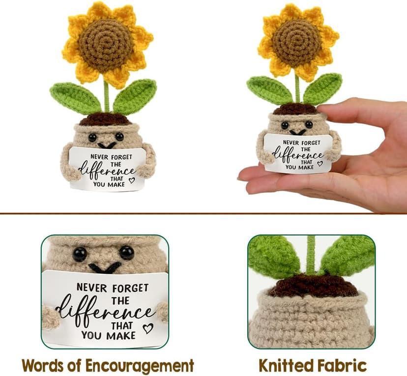 Mini Positive Crochet Sunflower, Cute Cheer Up Gifts for Women, Crochet Plant with Optimistic Card for Nurse Teacher Boss, Thank You Gifts for Friends, Coworker and Sunflower Decor