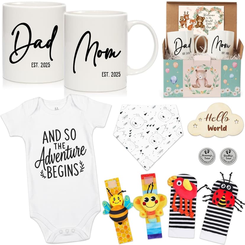 Breezy Valley New Parents Gifts for Couples, First Time New Mom and Dad Gifts Mugs Est 2025, Gender Reveal Baby Shower Gifts Basket, Pregnancy Gifts for Expecting Parents to be, Newborn Baby Gift Set