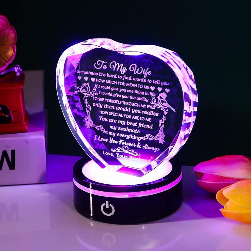YWHL Gifts for Wife with Colorful LED Base Romantic Wedding Anniversary I Love You Gifts for Her Best Wife Birthday Gift Ideas to My Wife Crystal Keepsakes Presents from Husband