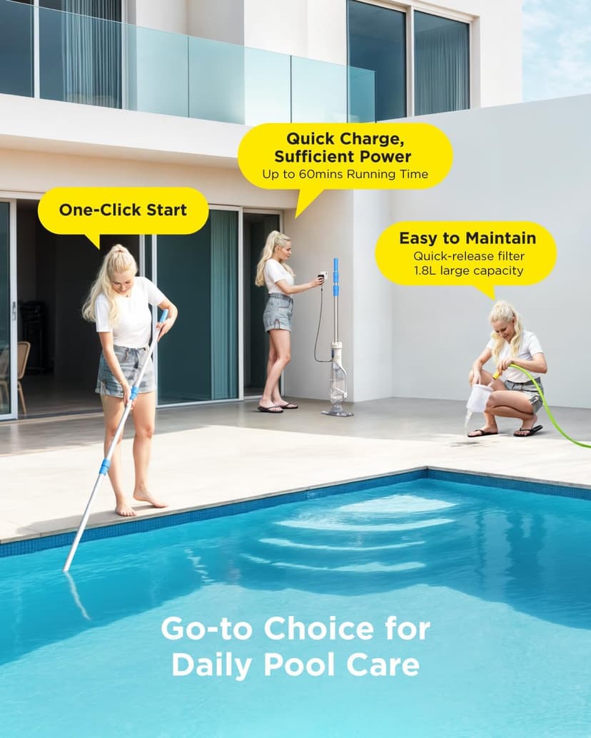 InoKraft Pool Vacuum for Above Ground Pool, Cordless Handheld Pool Vacuum for Inground Pools, Rechargeable Pool Cleaner with Powerful Suction up to 18.5 gallons/min, Ideal for Leaves, Debris, Blue