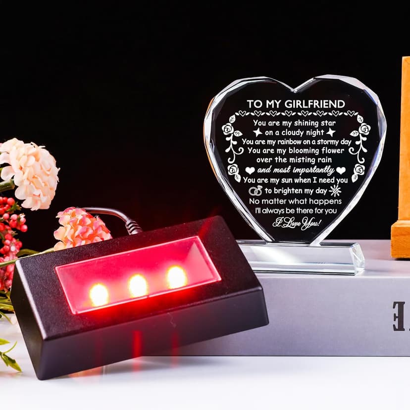 YWHL Romantic Girlfriend Gifts from Boyfriend, To My Girlfriend Crystal Heart Shaped Keepsake with Colorful Light Base, Girlfriend Birthday Gift, Gifts for Girlfriend on Anniversary Valentine
