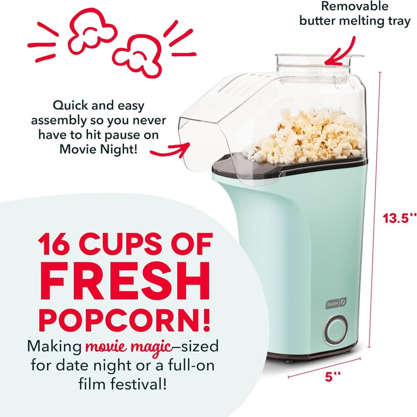 DASH Hot Air Popcorn Popper Maker with Measuring Cup to Portion Popping Corn Kernels + Melt Butter, 16 Cups - Aqua