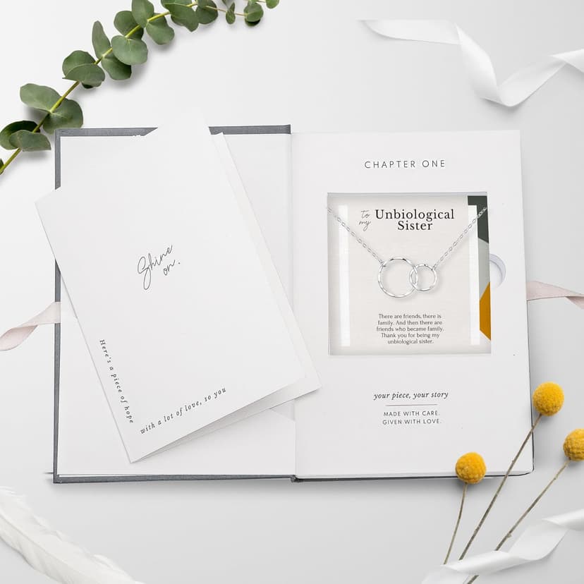 HOPE LOVE SHINE Unbiological Sister Gift - Sister Necklace, Jewelry 16+2", Sterling Silver, 2 Interlocking Rings