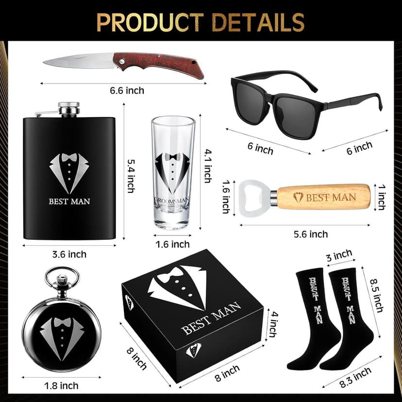 13 Pcs Best Man Proposal Gift Set Stainless Steel Flask Box Bag Shot Glass Bottle Opener Pocket Watch Sunglasses Knife Sock Card Toiletry Bag for Wedding