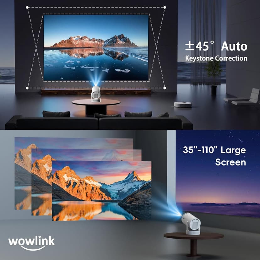 [Built-in Apps & 2025 Upgraded] Mini Projector with WiFi 6 and Bluetooth 5.4 Support 4K 1080P Auto Keystone 180° Rotatable Projector Portable Compatibile with HDMI/TV Stick/Memory Stick/Laptop, White