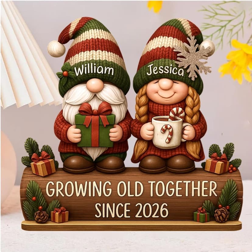 Personalized Growing Old Together Christmas Wooden Plaque, Custom Couple Figurine Gift, Festive Holiday Home Decor, Romantic Keepsake for Husband Wife, Grandparents, Anniversary Christmas Gift