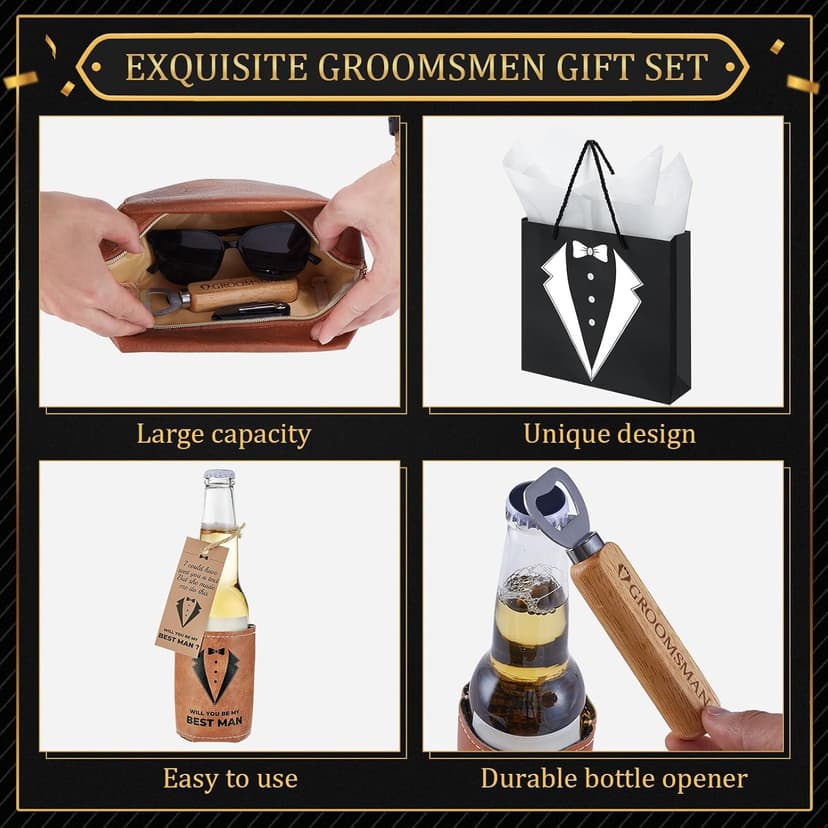 60Pcs Groomsmen Gifts Groomsmen Proposal Box with Shot Glasses Socks Sunglasses PU Leather Toiletry Bag Bottle Opener Can Cooler Groomsman Gifts for Wedding Groomsmen Best Man Gift (60, Brown)