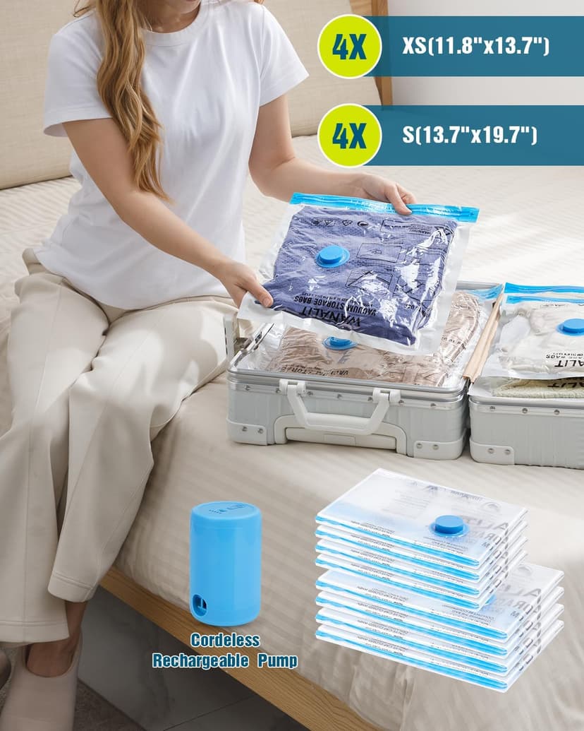 Vacuum Storage Bags for Travel, 8 Pack (4S+4XS) Vacuum Seal Bags with Wireless Rechargeable Electric Pump, Travel Essentials Space Saving Compression Bag for Clothes, Luggage, Suitcase, Backpack, Trip