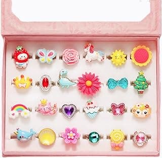 PinkSheep Little Girl Jewel Rings in Box, Adjustable, No Duplication, Girl Pretend Play and Dress Up Rings (24 Lovely Ring)