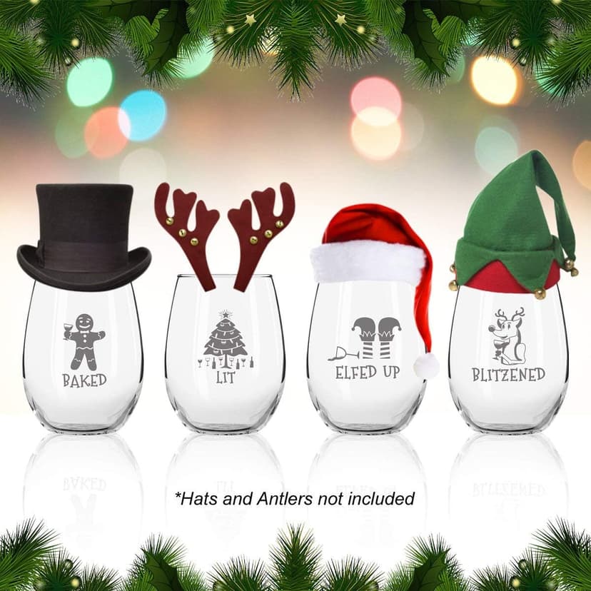 Drunk Christmas Funny Stemless Wine Glasses Set of 4 | Hilarious Christmas Themed Wine Glass for Holiday Party | 4 Designs | 15 oz Cheerful Party Cups & Gift Exchange Idea for White Elephant, Xmas