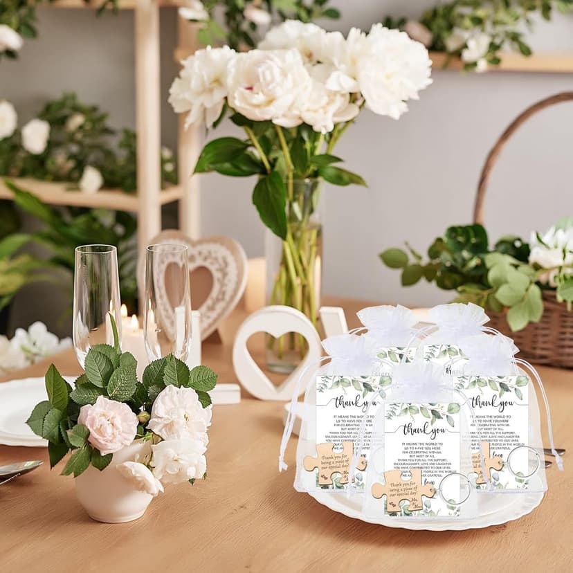 Sintuff 100 Sets Wedding Favors for Guests Rustic Wood Puzzle Keychain Thank You Card Organza Bag Wedding Party Bridal Shower Souvenir