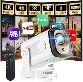 【Built-in Apps】Mini Projector 1080P with WiFi 6 and Bluetooth 5.4, 4K Full HD Projector Features Auto Focus & Keystone, Portable Projector Support 270° Rotatable, Compatible with Phone/HDMI/USB-White