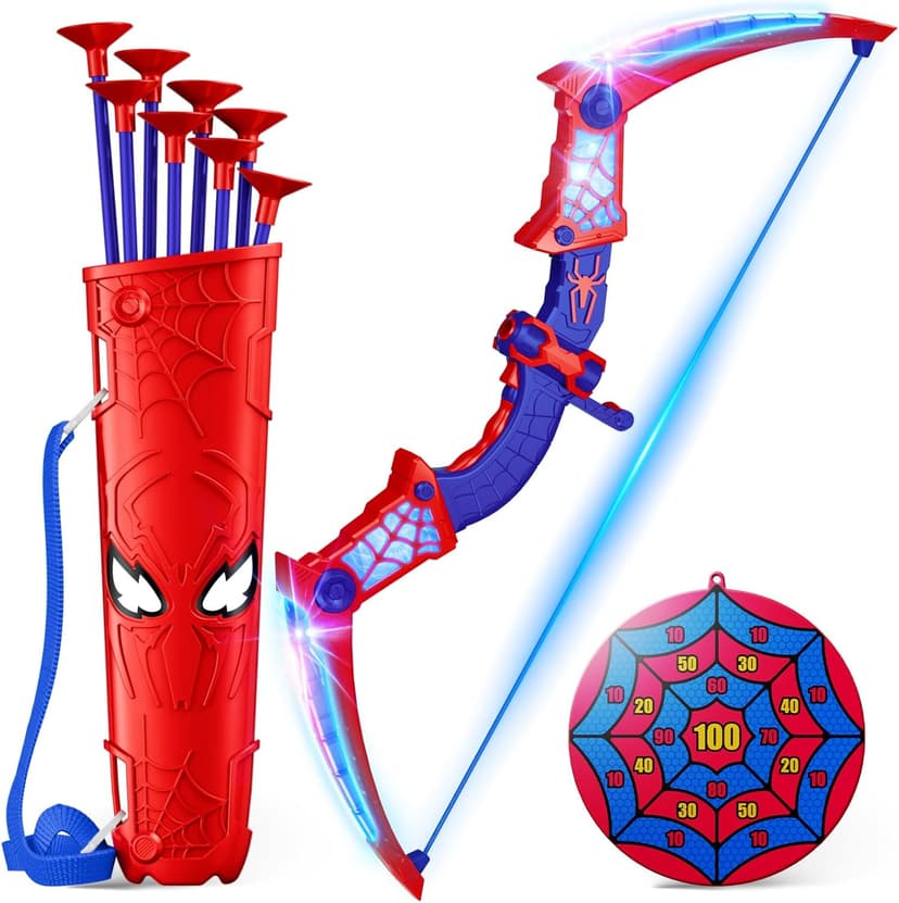 Spider Toys for Boys Age 3-4 4-6 6-8 8-12, Kids Toy BowArrow Shooting Set with Red & Blue LED Lights, Spider Quiver & Web Target, 8 Suction Cup Arrows, Toys Gifts for 3 4 5 6 7 8 9 10 12 Year Old Boys