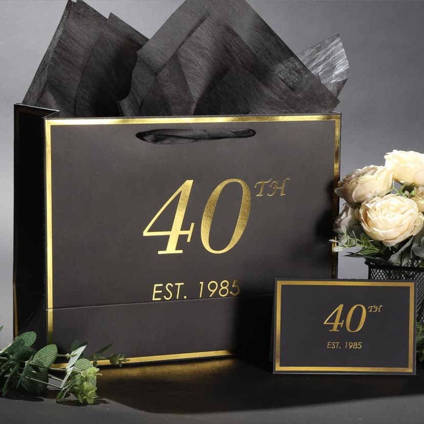 momoake 40th Birthday Gift Bag with Card and Tissue Paper for Men Women, 1985 40 Year Old 13" Elegant Black Gold Anniversary Keepsake Party Present Shopping Paper Bags for Gifts Wrapping (1985 40th)
