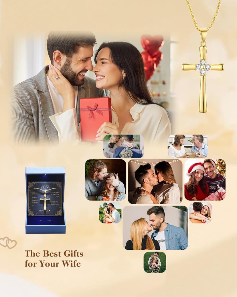 Gold Moissanite Cross Necklace for Women Wife in Light-Up Gift Box,Love Card - Women Anniversary Birthday Gifts Ideas for Wife Her Girlfriend, Christian Cross Chain Jewelry(18K Real Gold Filled)