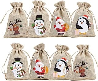 CCINEE 36pc Christmas Linen Bags with Drawstrings Christmas Burlap Goody Gift Bags with Double Jute Drawstrings, 4 designs Snowman, Santa Claus, Penguin and Reindeer