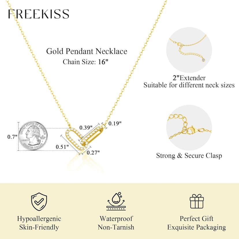 Freekiss Gold Pendant Necklace for Women, Dainty Diamond Necklaces for Women Simple 14K Gold Plated Paperclip Choker Necklaces Cute Minimalist Open Oval Necklaces Gold Jewelry for Women Gifts