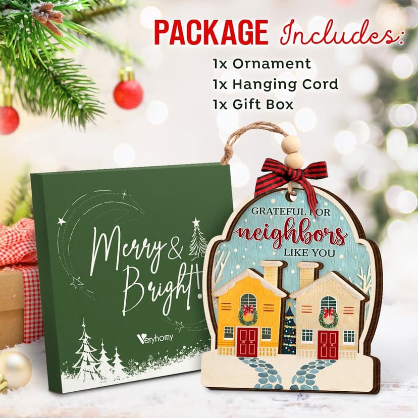 Neighbor Christmas Ornaments 2025 - Thank You Neighbor Gift, Friendship Gifts for Neighbors Friends, Bestie, BFFs - Wooden Friend Ornaments for Women, Men Hanging Christmas Decor