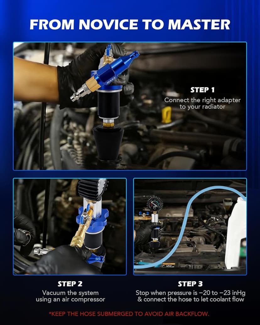 Orion Motor Tech Coolant Vacuum Refill Kit, 13pc Radiator Cooling System Tool Set with Conical Adapter 4 Round Adapters for Leak Detection Cooling Refill, Vacuum Coolant Fill Kit with Splashproof Hose