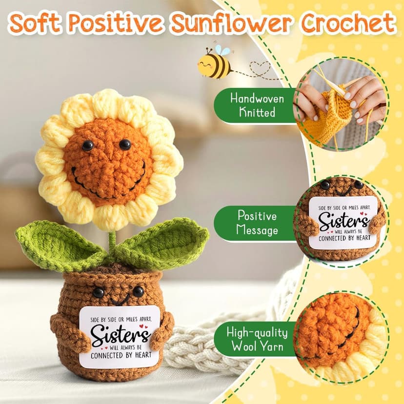 Sister Gifts from Sister - Positive Sunflower Crochet - Side by Side Or Miles Apart Sisters Emotional Sunflower Support Crochet - Birthday, Graduation, Long Distance Gifts for Women, Soul Sisters