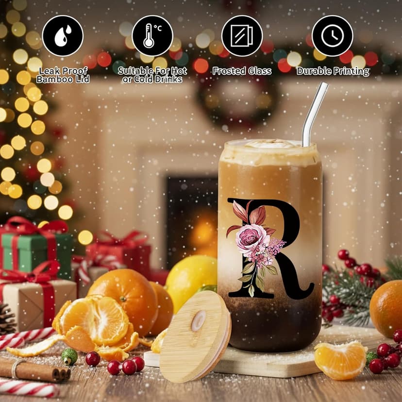 Monogrammed Glass Drinking Cup With Lid Straw Women Happy Birthday Christmas Xmas Day Holiday for Female Teacher Aunt Big Small Sister in Law Mother Stepmother Weding Groom Bride Officiant Gift,R