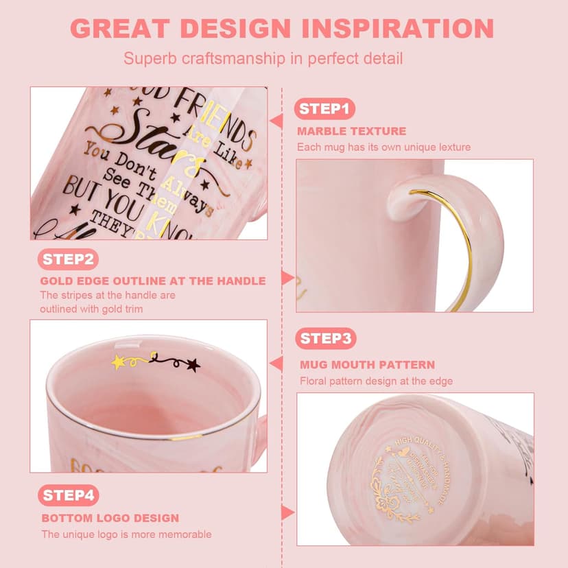 Best Friend Birthday Gifts for Women, Friendship Gifts for Women, Unique Birthday Gift Ideas for Her, Friends Female, Besties, BFF Ceramic Marble Coffee Mug Gift Box Printed Gold 14 oz