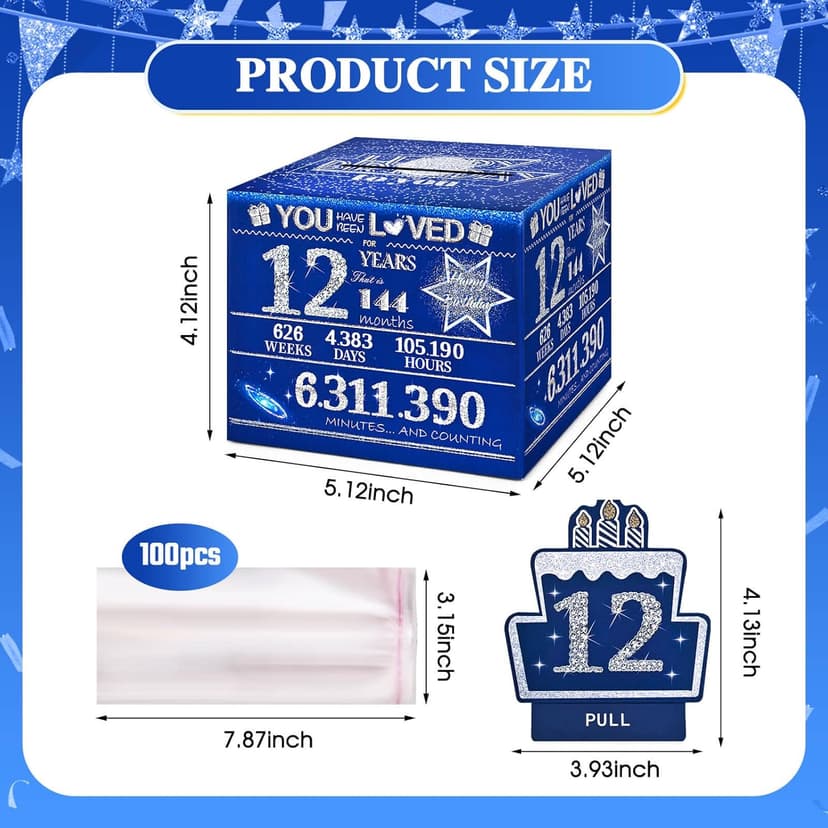 12 Happy Birthday Money Box for Cash Gift, 12th Birthday Decorations for Boys and Girls, Gifts for 12 Year Old Boy, Boy Gift Ideas, Cool Things for Teen -Blue with 100PCS Bags