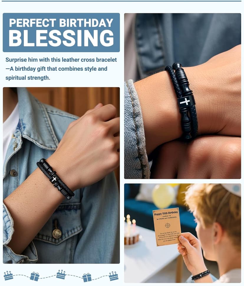 UNGENT THEM Joshua 1:9 Encouraging Christian Birthday Gifts for Boys Teens Men, Bible Verse Leather Cross Bracelet