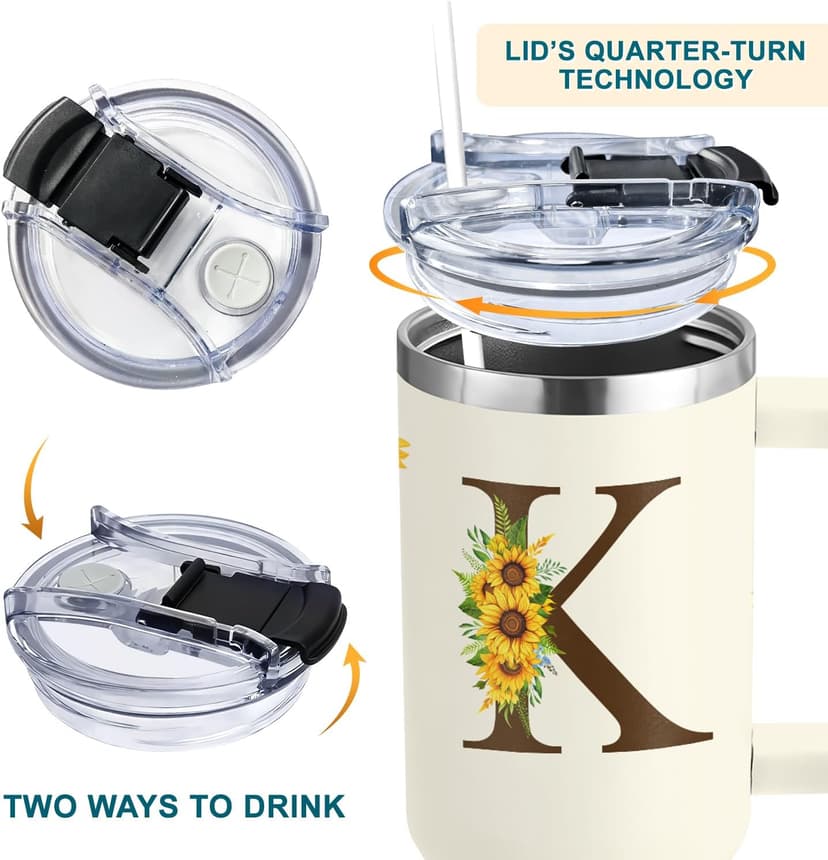 Personalized Birthday Gifts For Women - Sunflower Gifts For Women, Mom - Christmas Gifts For Womens, Mother's Day Gift For Mom, Boss - Monogrammed, Initial Tumbler Handle 40oz W Lids & Straws, K