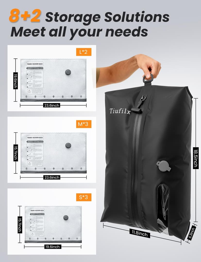 8+2 Pack Travel Vacuum Bags with Pump - Vacuum Seal Bags for Clothing Travel, Transparent & Heavy-Duty TPU Compression Bags for Luggage, Suitcase | Reusable Space Saver Storage Kit, Gray