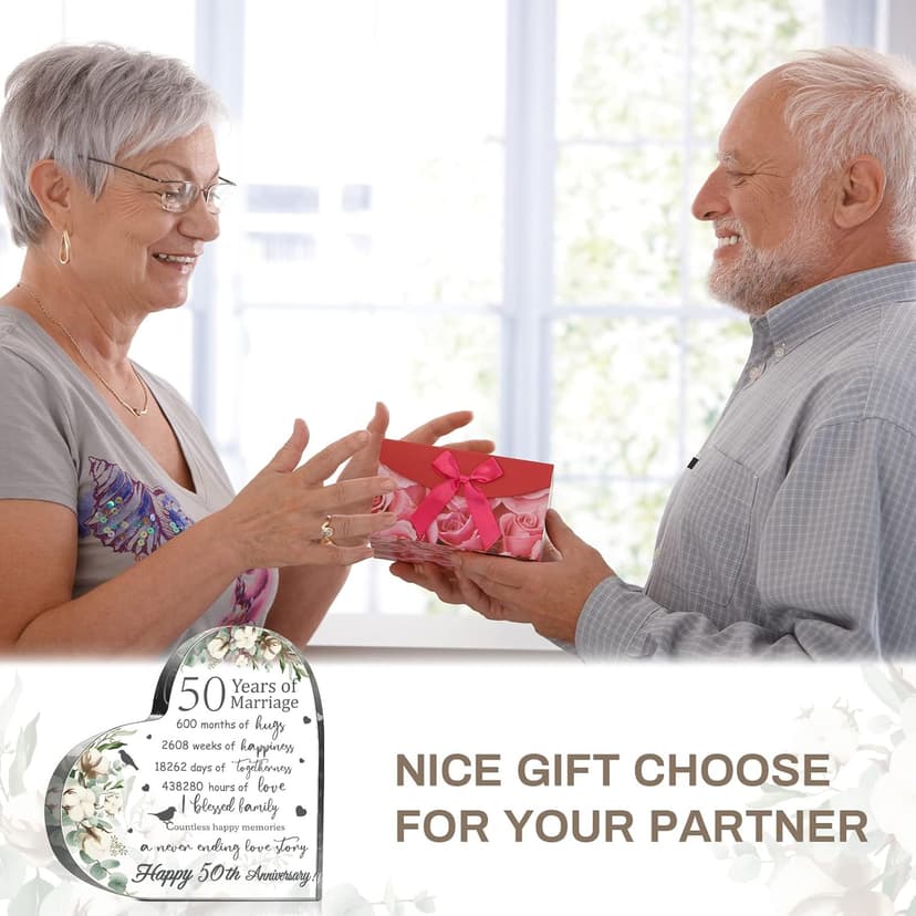 Yulejo Wedding Gift for Her: 50th Anniversary Keepsake Acrylic Heart Decor (White, 15.1 x 15.1 x 1.4 cm / 5.9 x 5.9 x 0.55 inches)