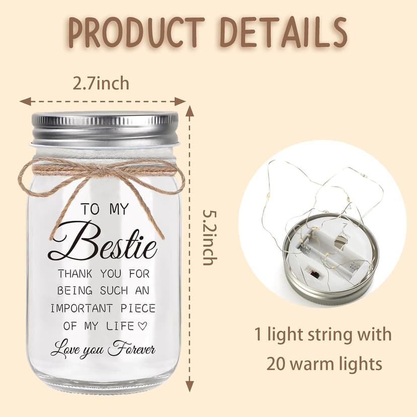 Bestie Gifts for Women Friendship - Mason Jar Night Lights for Friend, Gifts for Friends Female, BFF Soul Sister Work Bestie Gifts for Women, Birthday Thankgiving Christmas Gifts