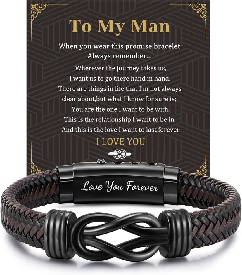 Men's Bracelets Gifts for Men - Brown Braided Leather Infinity Knot Bracelets Engraved Love Massage for Son Man Husband Boyfriend, Personalized Mens Bracelets Jewelry Gift for Birthday Christmas