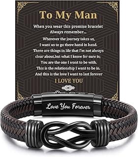Men's Bracelets Gifts for Men - Brown Braided Leather Infinity Knot Bracelets Engraved Love Massage for Son Man Husband Boyfriend, Personalized Mens Bracelets Jewelry Gift for Birthday Christmas