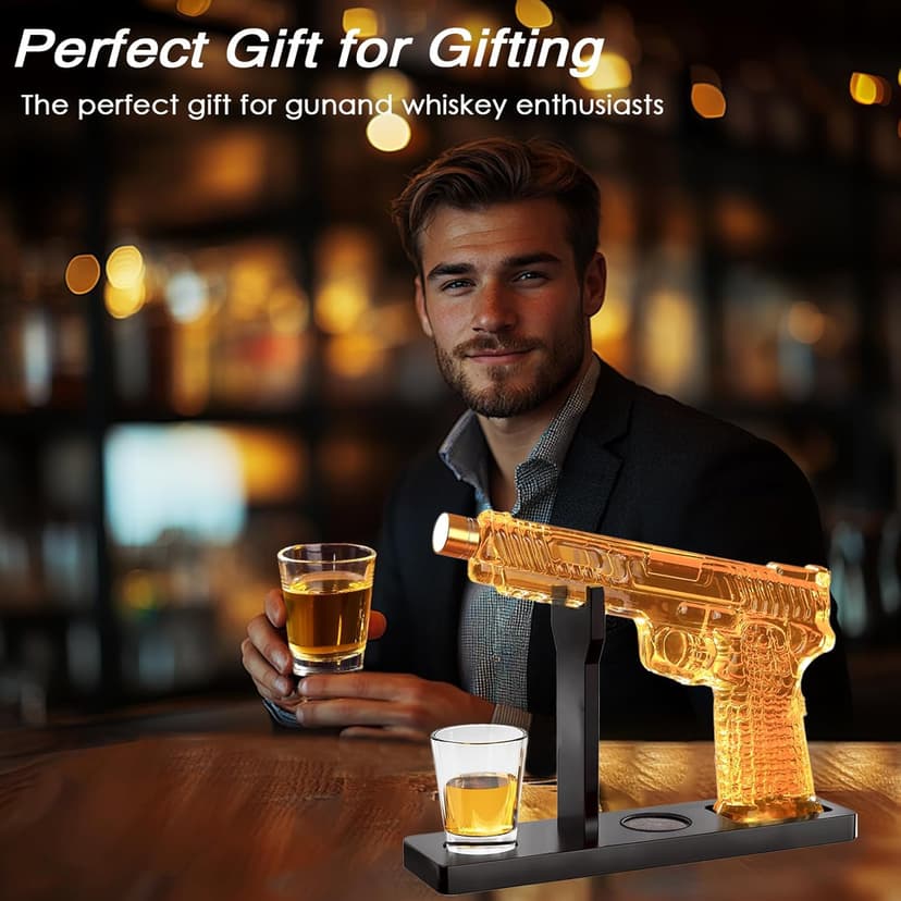 Whiskey Decanter Sets for Men, 10.5oz Handcrafted Gun Decanter Set with Shot Glass, Unique Christmas Gift Idea for Dad, Husband, Boyfriend, Brother, Gun Liquor Dispenser Fun Conversation Starter