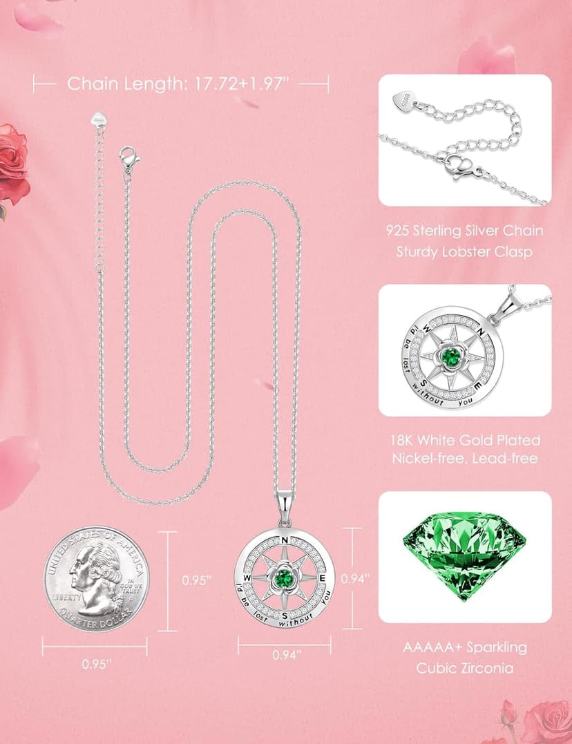 Silver Compass Necklace for Women Birthday Gifts for Wife Anniversary Necklace for Women Rose Flower Birthstone Necklaces for Wife Jewelry for Womens Girlfriend Mom Daughter