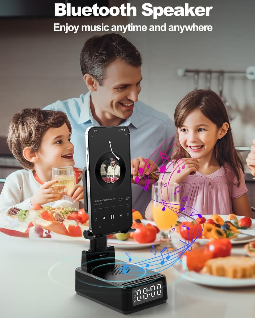 Birthday Gifts for Men Women,6-in-1 Cell Phone Stand Holder with Wireless Bluetooth Speaker & Wireless Charger,Alarm Clock for iPhone,HD Surround Sound Portable Bluetooth Speaker Gifts for Him Her