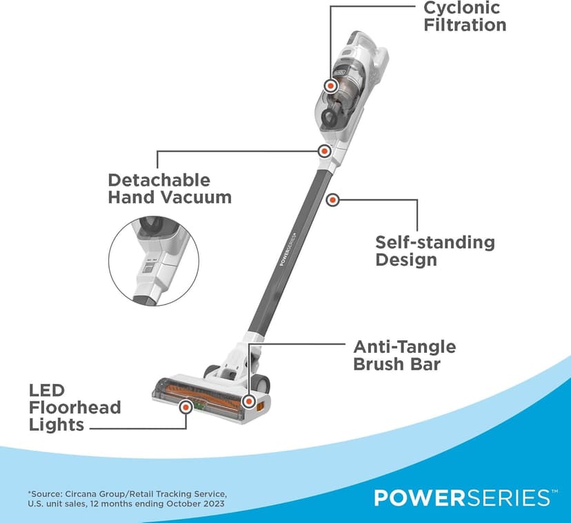 BLACK+DECKER POWERSERIES+ 20V MAX Cordless Stick Vacuum Cleaner with LED Floor Lights, Bagless, Lightweight, Cordless Vacuum Cleaners for Home, Up to 44 Minutes, Powerful Suction, Gray (BHFEA520J)