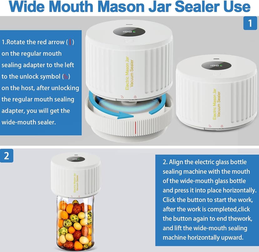 Electric Mason Jar Vacuum Sealer Kit for Wide Mouth and Regular Mouth Mason Jar - White