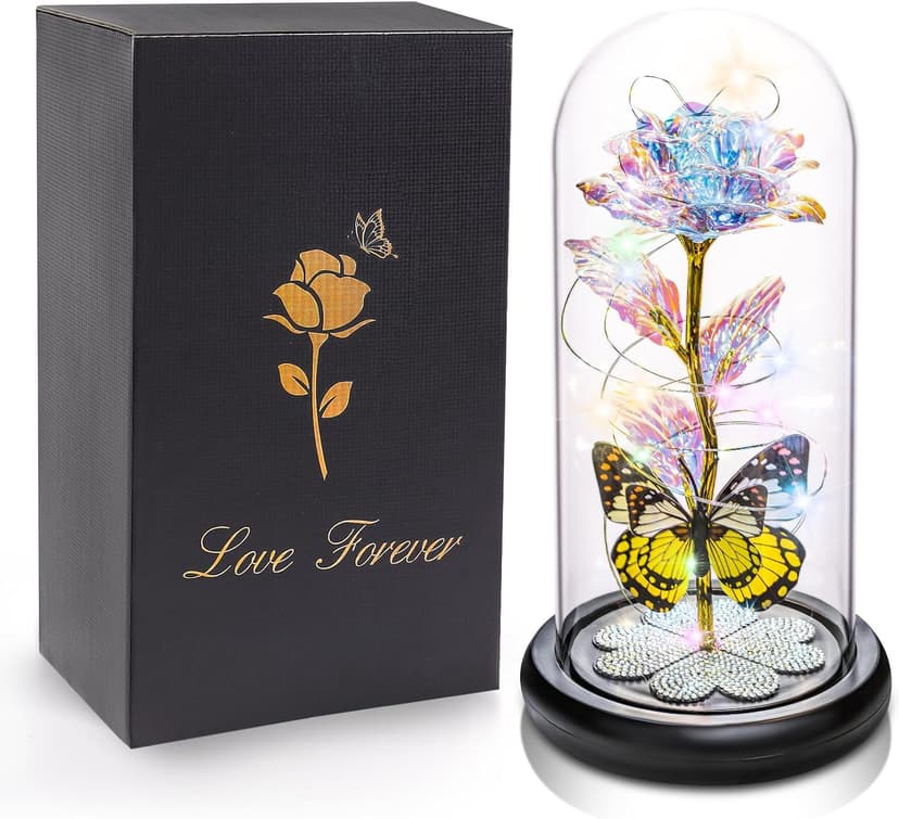 Birthday Gifts for Women Mom, Galaxy Glass Rose Forever Eternal Crystal Flower Light Up Rose in Glass Dome with Butterfly Mothers Day Christmas Rose Gifts for Her Wife Daughter Friends Colorful